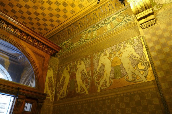 Entrance area with wall painting of the Palazzi degli Ambasciatori Embassy palaces with archway to the Quartiere Coppede