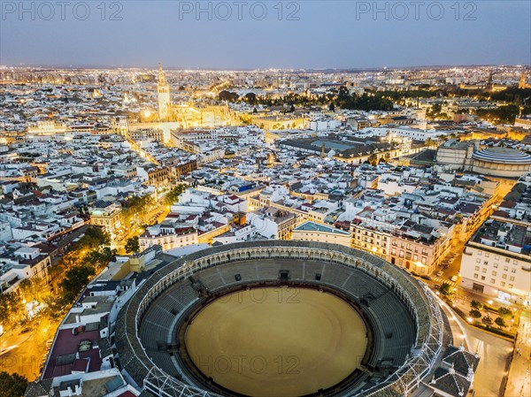 Bullring of the Real Maestranza de Caballeria surrounded by white architecture in Sevilla