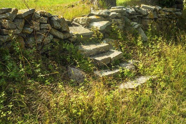 Stairway on an old abandoned stonewall in Gisloevshammar