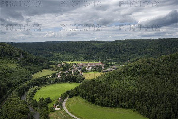 View into the Danube valley of the municipality of Beuron with the archabbey