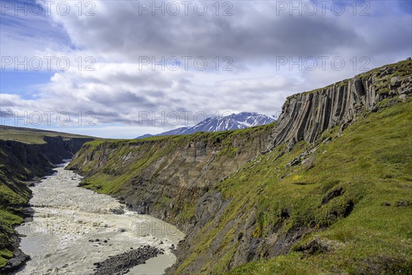 Joekulsa i Fljotsdal with basalt rocks and Snaefell in the background