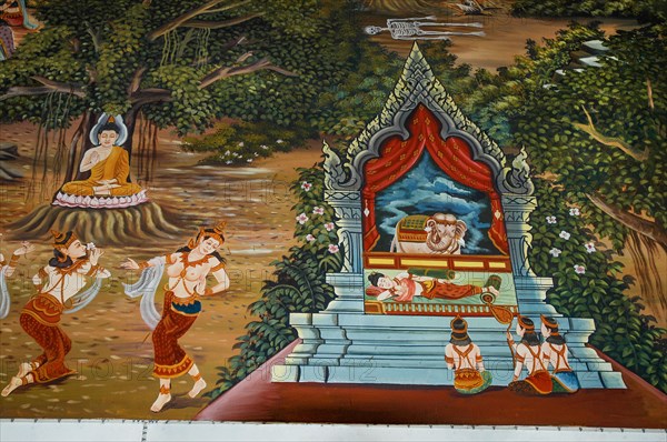 Mural with dancers and Buddha in Buddhist temple