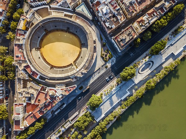 Bullring of the Real Maestranza de Caballeria surrounded by white architecture in Sevilla