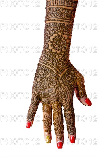 Indian Bride's hand painted with mehndi isolated on white background. Mauritius