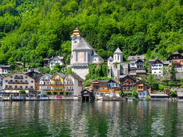 Village view of Hallstatt on Lake Hallstatt with Catholic church