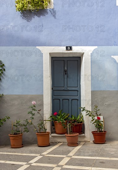 Blue door and house with flowerpots