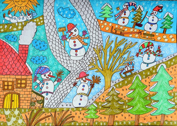 Snowmen in winter landscape