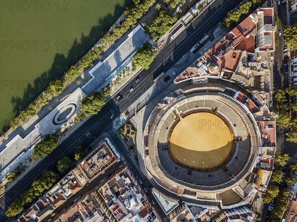 Bullring of the Real Maestranza de Caballeria surrounded by white architecture in Sevilla