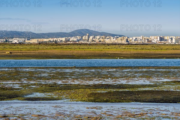 City of Faro seen from Faro Beach Peninsula with wetlands of Ria Formosa in between