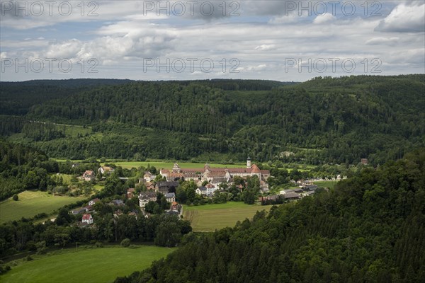 View into the Danube valley of the municipality of Beuron with the archabbey