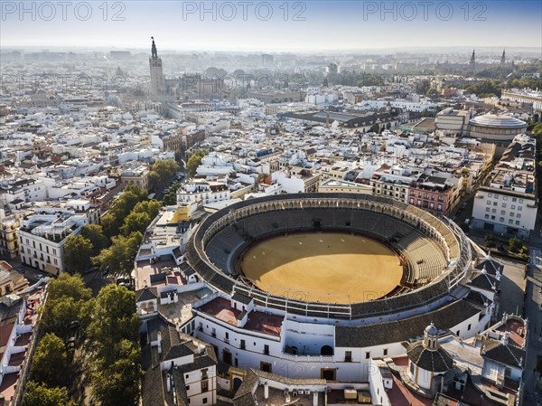 Bullring of the Real Maestranza de Caballeria surrounded by white architecture in Sevilla