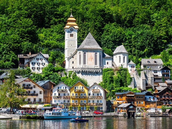 Village view of Hallstatt on Lake Hallstatt with Catholic church