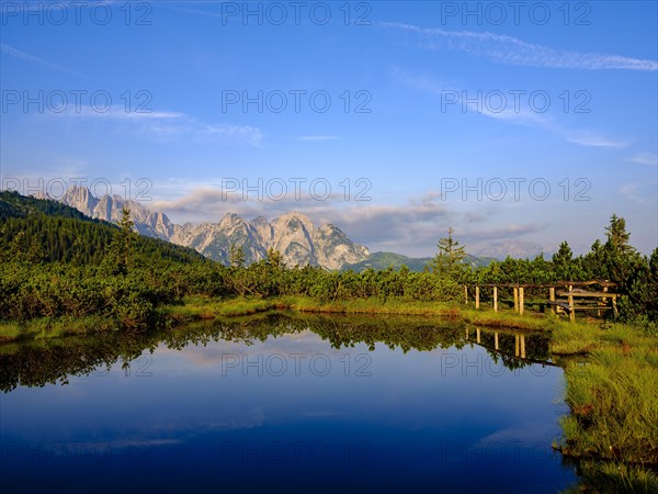 The peaks of the Gosaukamm are reflected in the moor lake at Loeckermoos