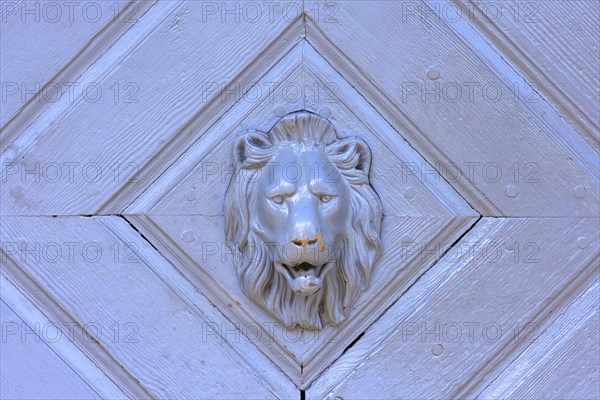 Lion's head as a door knocker on a gate