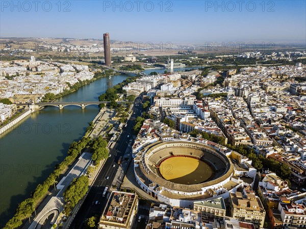 Bullring of the Real Maestranza de Caballeria surrounded by white architecture in Sevilla