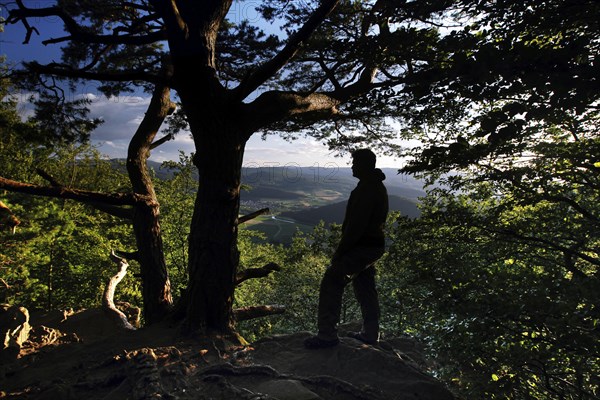 Man looking from the Teufelskanzel at Werraschleife and Werra-Bergland