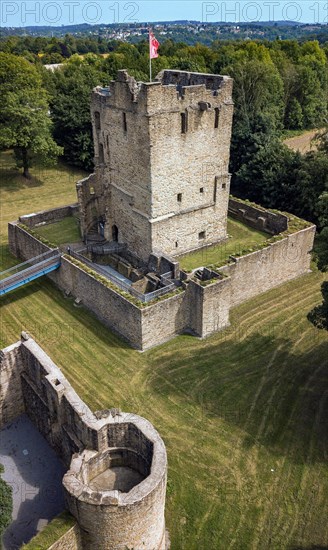 Bird's-eye view of ruins of partly reconstructed former moated castle Burg Altendorf from the Middle Ages