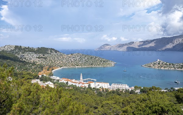 View of Monastery of Archangel Michael Panormitis and Panormitis Bay