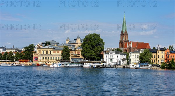 Schwerin Cathedral with the Marstall and the pier of the White Fleet