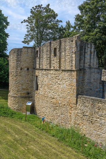 Ruin of outer bailey of ruin of partially reconstructed former moated castle Altendorf from the Middle Ages