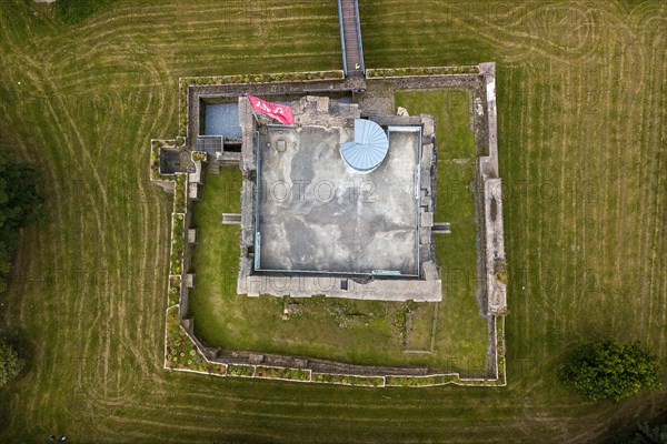 Bird's-eye view of the ruins of the partially reconstructed former moated castle of Altendorf Castle from the Middle Ages