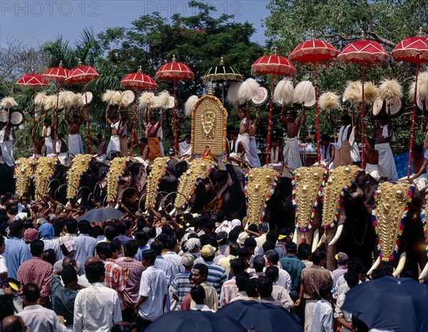 Spectators surrounding the elephants procession in pooram festival at Thrissur