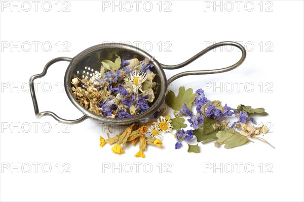 Herbal tea blend in tea strainer