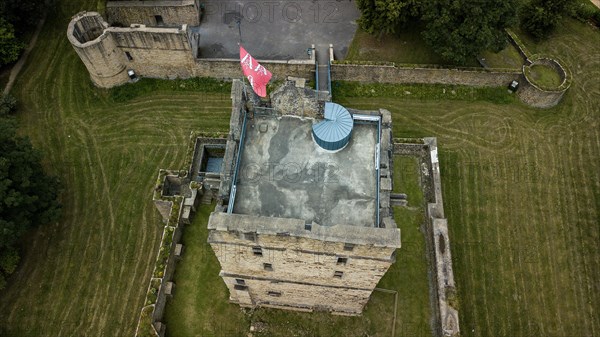 Bird's eye view of the ruins of the partially reconstructed former moated castle of Altendorf Castle from the Middle Ages