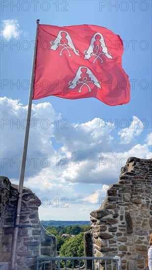 Flag with castle coat of arms of partially reconstructed former moated castle Burg Altendorf from the Middle Ages