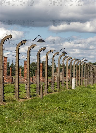 Barbed-wire fence and lamp-post at Auschwitz II-Birkenau concentration camp