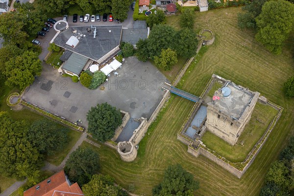 Bird's-eye view of ruins of partly reconstructed former moated castle Altendorf from the Middle Ages