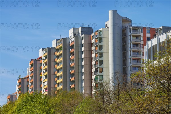 High-rise building with concrete balconies