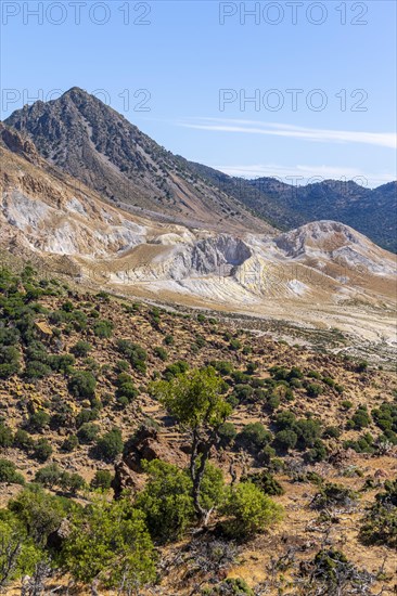 View into the caldera of colourful mineral deposits at the crater