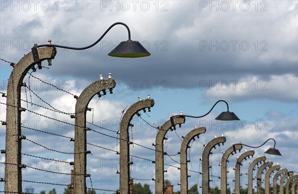 Barbed-wire fence and lamp-posts at Auschwitz II-Birkenau concentration camp