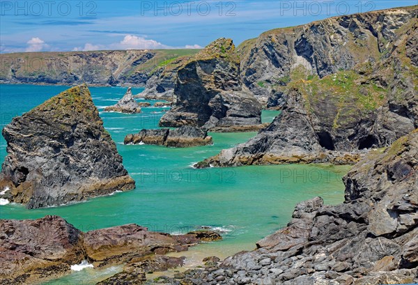 Rugged cliffs in turquoise green water