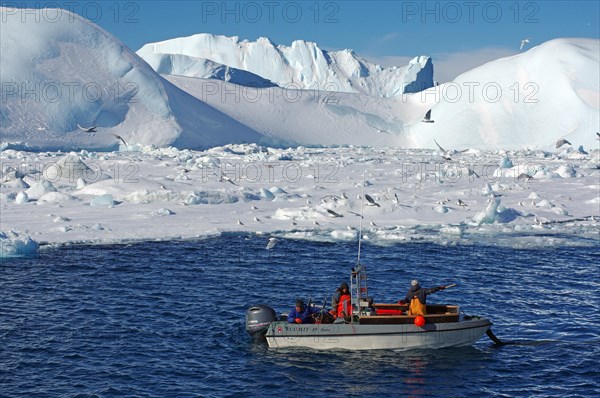 Small fishing boat in front of huge icebergs and drift ice