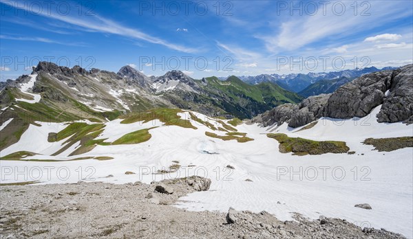 Old snow fields and mountain panorama with summit of Grosser Krottenkopf and Ramstallkopf
