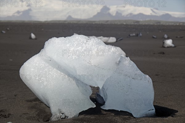 Piece of ice on black sand beach