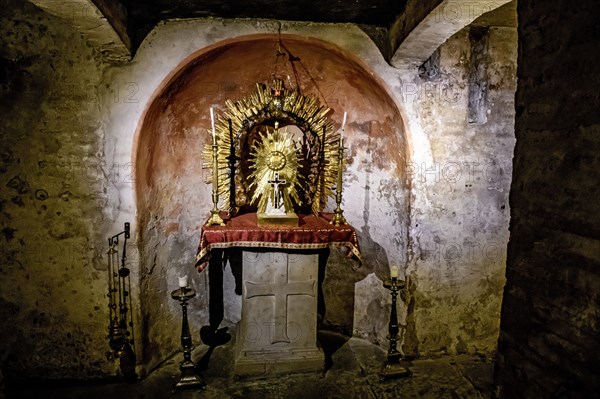 Altar in Crypta of Pope Adrian I in ancient cellar of Church of Santa Maria in Cosmedin