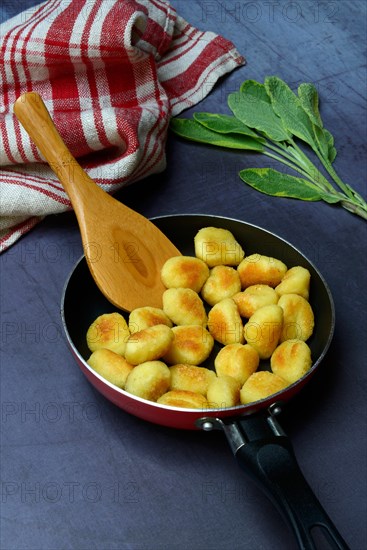 Fried potato gnocchi in pan