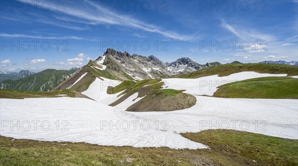 Old snow fields and mountain panorama with summit of Grosser Krottenkopf and Ramstallkopf