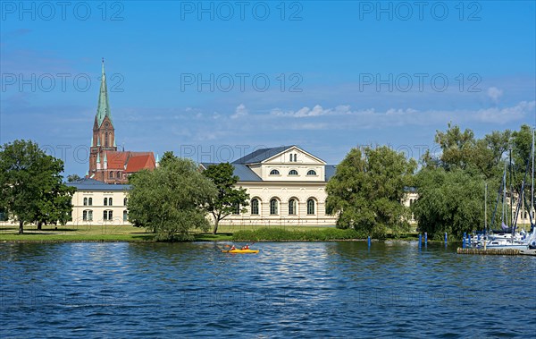 Schwerin Cathedral with the Marstall and the pier of the White Fleet