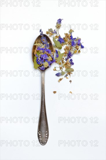 Herbal tea blend in teaspoon