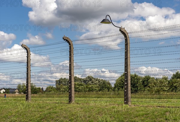 Barbed-wire fence and lamp-post at Auschwitz II-Birkenau concentration camp