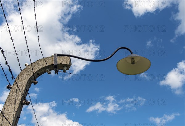 Barbed wire fence and lamppost at Auschwitz II-Birkenau concentration camp