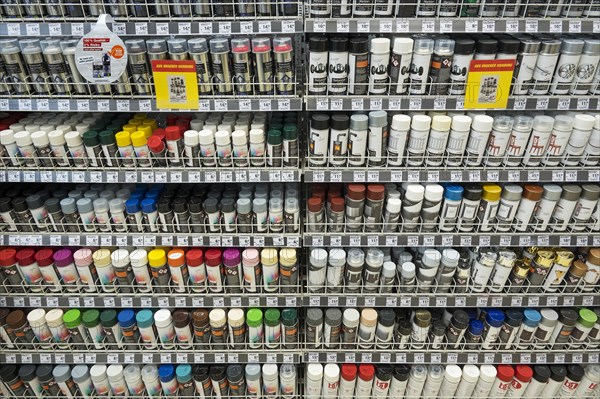 Paint and varnish spray cans in DIY store