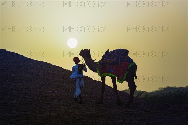 Rabari man climbing a dune with his dromedary at sunset