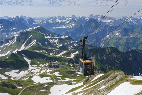 Gondola of the Nebelhornbahn and panoramic view of the Allgaeu Alps