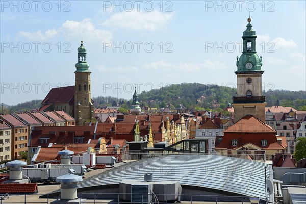 View from the lookout tower to St. Erasmus Church and Town Hall