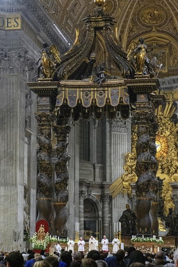 Pope celebrates Saint Mass in St Peter's Basilica in front of faithful Christians